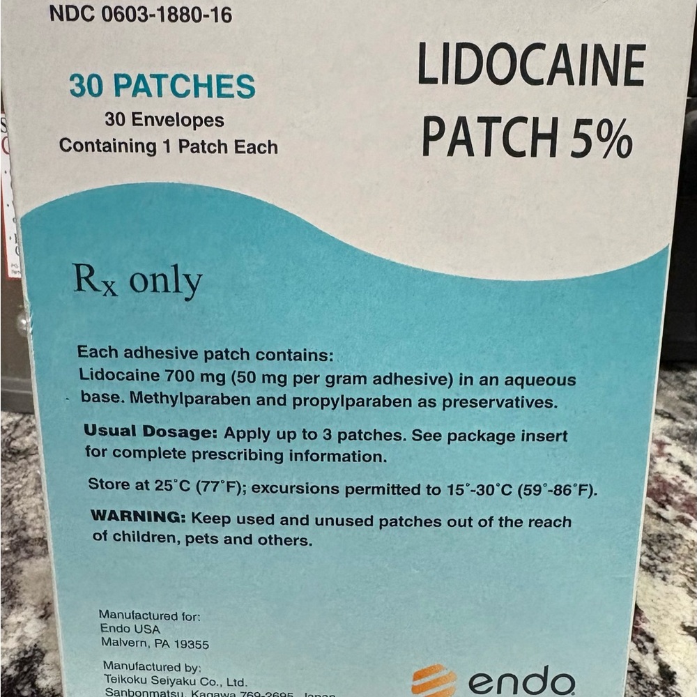 Lidocaine Patch 5% - Box of 30 Patches - Teal & White Packaging